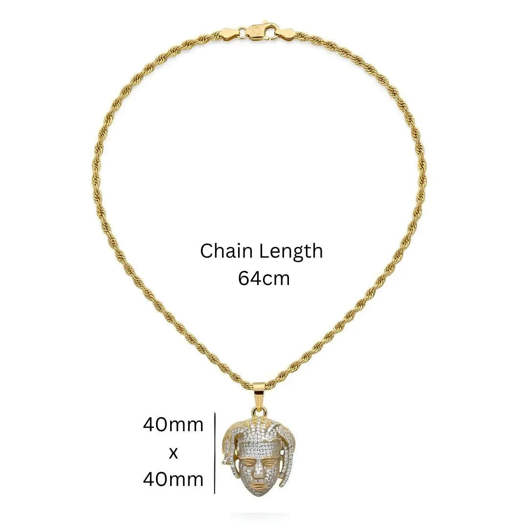 18K Gold Filled Iced Out Face Pendant Necklace with 64cm Rope Chain